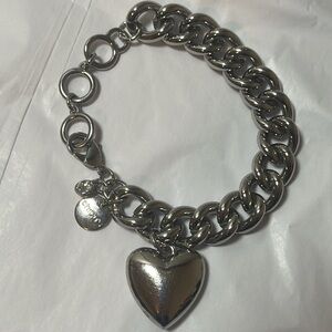 Chico's Heavy Silver Tone Chain Link Bracelet with Large Dangling Puffed Heart